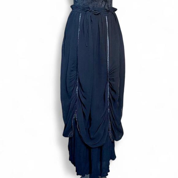 Funhouzz Black Ruched Boho Fairy Pirate Peasant Maxi Skirt Free Size Lace-Lined - Picture 1 of 8